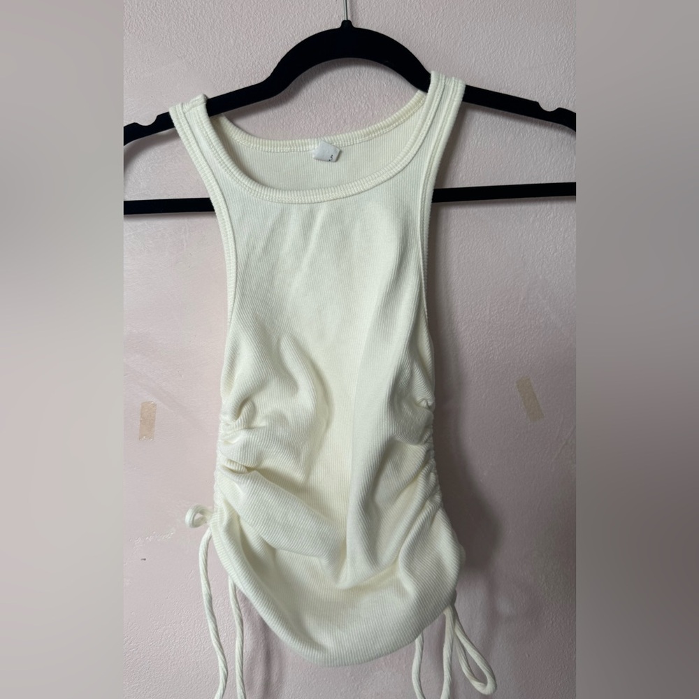 White Ribbed Ruched Tank Top